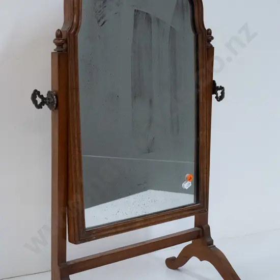 cheval dressing table mirror with shaped frame, cast metal tightening screw handles - desilvering to mirror H-670 W-360