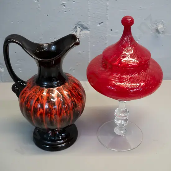 Canuck Pottery black and orange ewer jug and a retro ruby glass clear stemmed lidded comport H-340