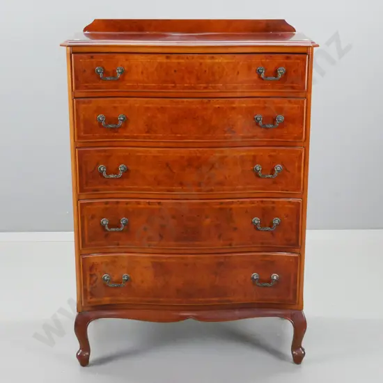 reproduction Victorian style walnut 5-drawer tallboy with cross-banded inlaid fronts, short cab. legs Some fading and