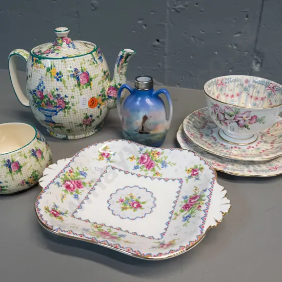 Royal Winton "Pelham" teapot H140 L180 and sugar bowl, Royal Albert dish, Queen Anne trio, small sterling silver rimmed