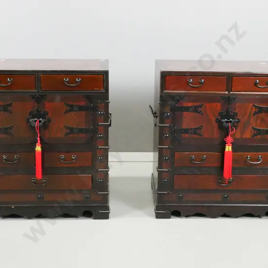 pair as-new reproduction elm Korean coin chests / bedside cabinets with metal drop handles and applied decoration, side