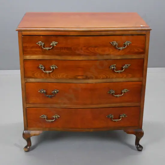 reproduction cab leg beech & rimu serpentine front chest of drawers with rococo style metal drop handles - some chipping