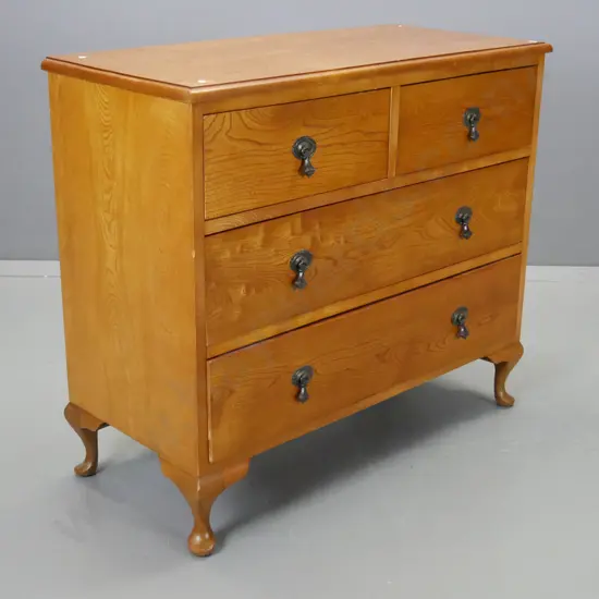 vintage oak and elm 4-drawer chest with metal drop handles, on short cab. legs H-820 W-930 D-430