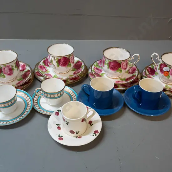 4 Royal Albert Old English Rose trios, one with hairline cracks and 5 demi-tasse cups & saucers - 2 Moorcroft, 2 Doulton