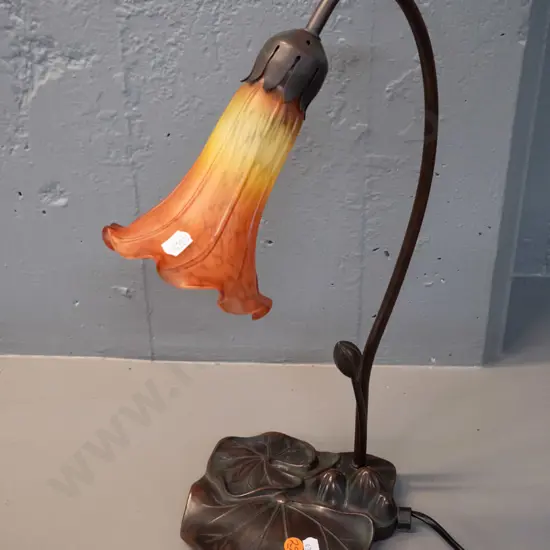 reproduction lily pad table lamp with metal stem, composite base and frosted glass trumpet flower shade H-410