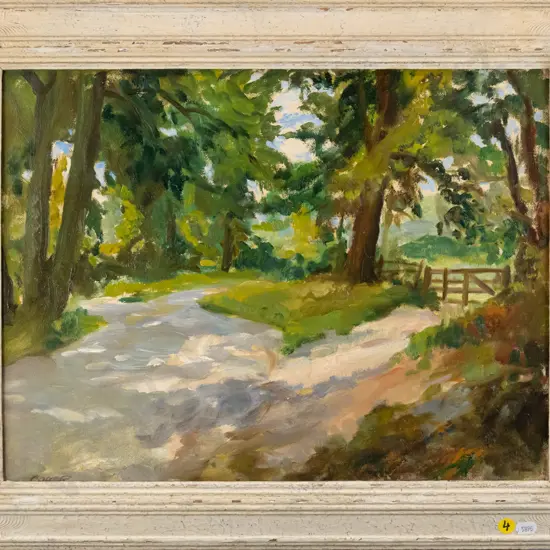 Coller - framed oil - tree and gate scene H - 340 W - 460