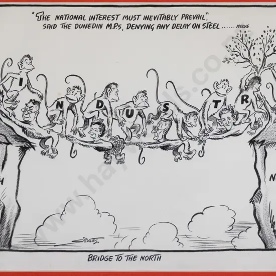 framed vintage Sid Scales cartoon "Bridge to the North" H - 240 W - 340