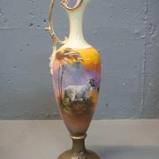 vintage sheep motif tall handled vase in Royal Worcester-style, no maker's marks H-390
