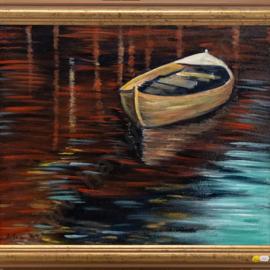 Bev Johnstone - framed oil dingy H - 390 W - 490