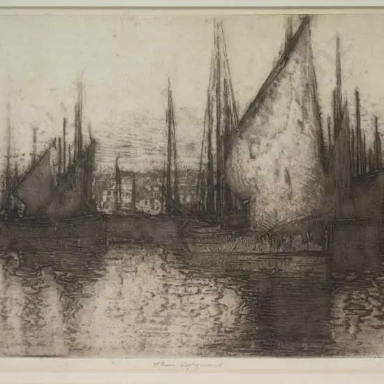 framed etching 16/50 - sailing boats - slight foxing H-200 W-300