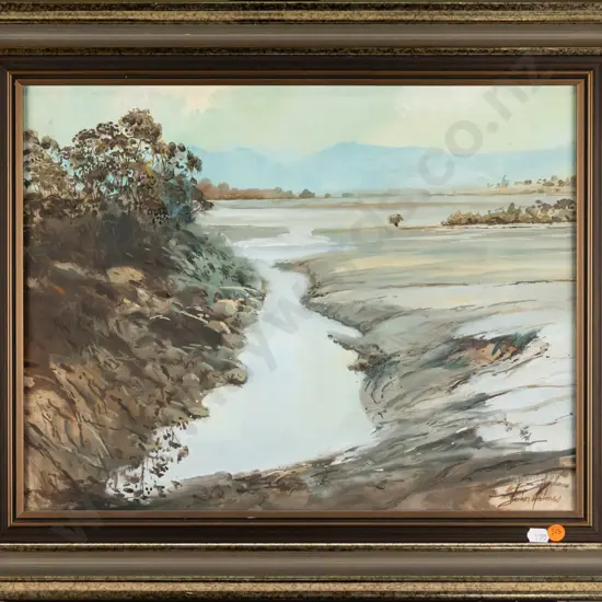 John Holmes 1985 - "Tide Out - Sandspit" (Warkworth) framed oil H340 W440