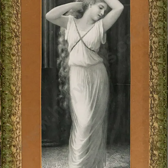 ornate framed vintage print - woman with cascading hair H - 480 W - 170
