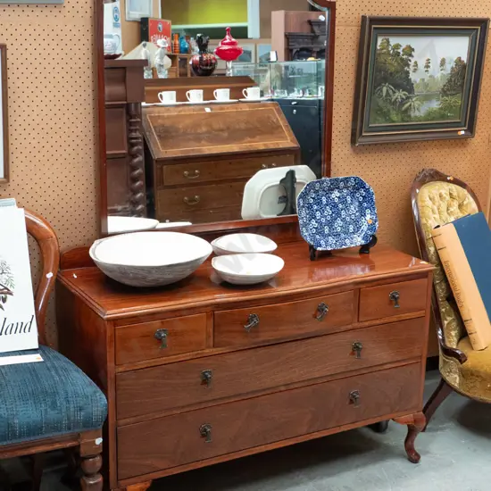 vintage cedar 5-drawer mirror-back dresser with metal drop handles, shaped bevelled edge mirror, on short cab. legs