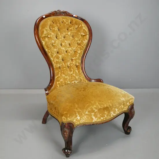 vintage mahogany cab leg lady's chair with carved back crest, gold fabric with deep button pleated back - some chips and