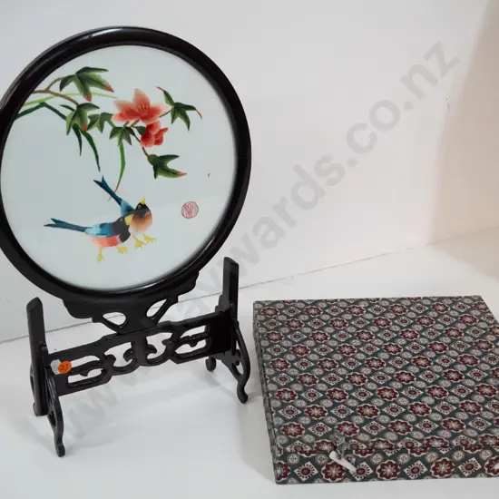 Chinese silk embroidery in glazed frame / timber stand with fitted box H-410 W-230