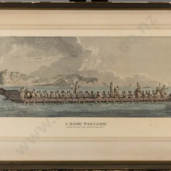 framed vintage print " Maori war canoe " (framing needs attention) H-200 W-540