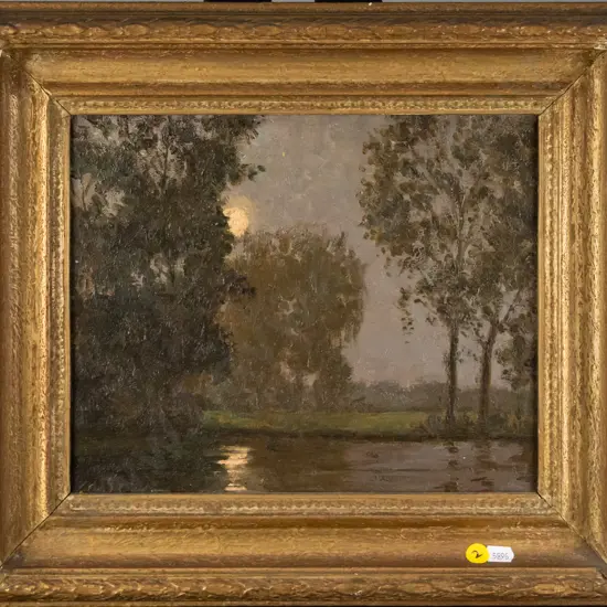 illegible signature - gilt framed oil - moon over water (frame needs attention) H - 230 W - 280