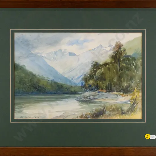 illegible signature - framed watercolour - lake and mountain scene (slight foxing) H - 230 W - 340