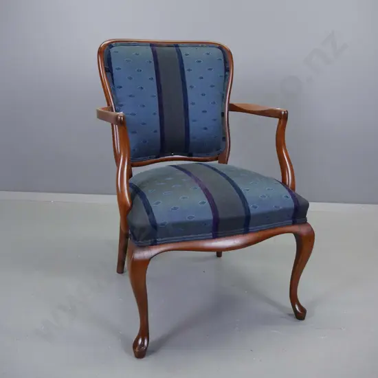 mahogany open-armed chair with sweeping cab legs, blue fabric upholstery - both arms loose H-830 W-450 D-500