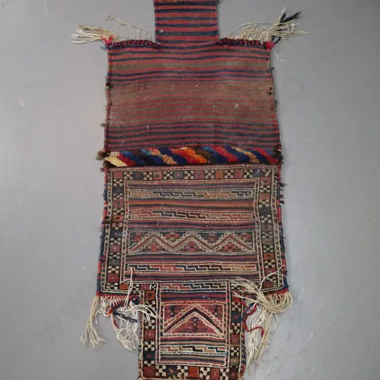 hand-knotted flat weave wool salt bag - multi colour, long fringes, has been opened to single layer L-1200 W-510