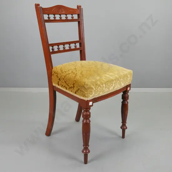 Edwardian bedroom chair with turned gallery back, carved rail, embossed gold upholstery H-870 W-440 D-390