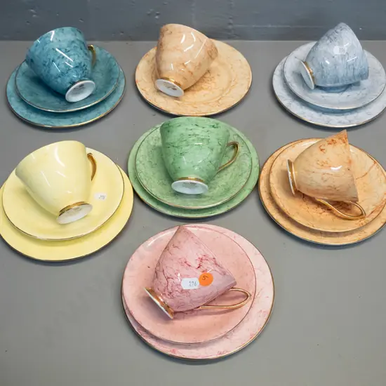 set of 6 Royal Albert 'Gossamer' mixed colour trios, with extra cup and plate