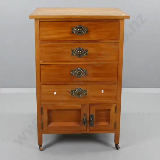 vintage rimu tallboy with 4 drawers, 2 panelled cupboard doors, arts & crafts style metal handles, mismatched on