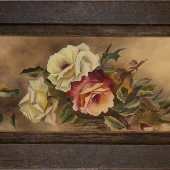 Grace Simpson oak framed oil roses H-230 W-600