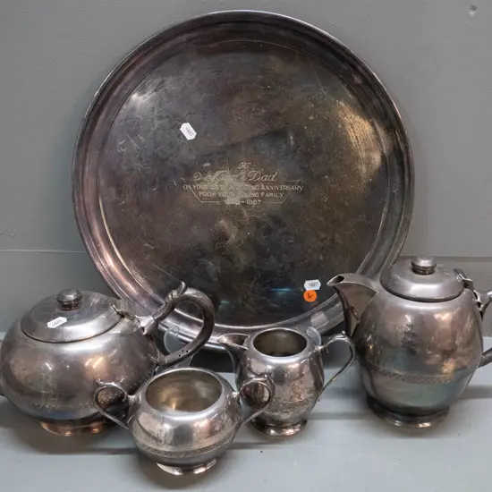 plated tea set & round tray with 1967 anniversary inscription - scratching and wear