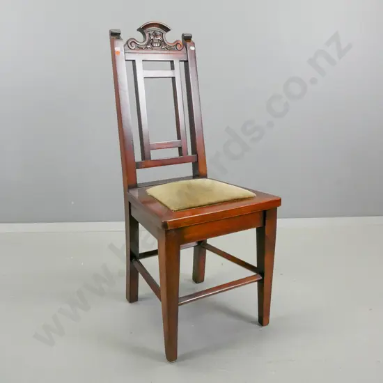 vintage dark stained bedroom chair with carved back cresting, pop out green upholstered seat, H-960 W-400 D-390