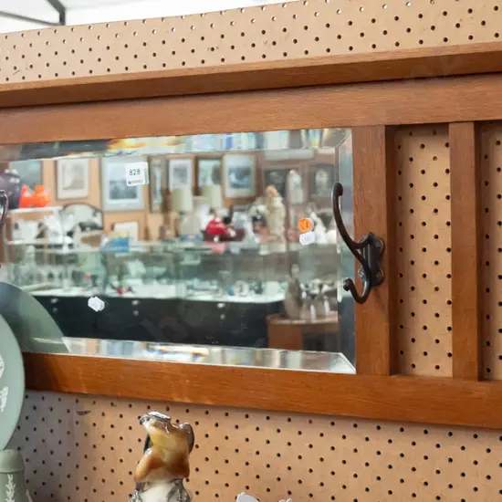 vintage oak wall mount hat/coat stand w/central bevelled edge mirror, slat sides, 6 cast metal hooks H-360 W-1160