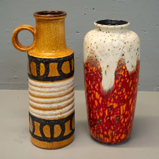 2 German pottery vases - taller with ring shaped handle is H-285