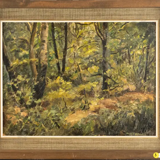 Mary Coller - framed oil - forest scene H - 290 W - 380