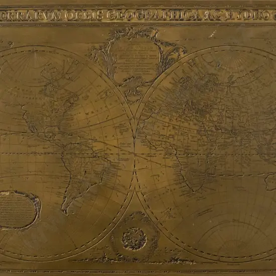 mounted engraved brass world map H-320 W-490