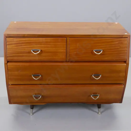 retro mahogany 4-drawer lowboy with metal diamond shaped handles, round splayed feet, has Zealandia Dunedin retail label