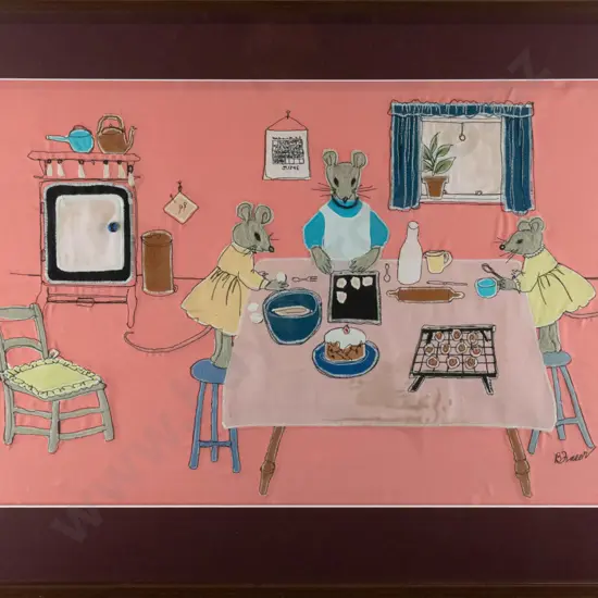 B Fraser ? framed needlework mice baking (some aging to fabric) H - 420 W - 650