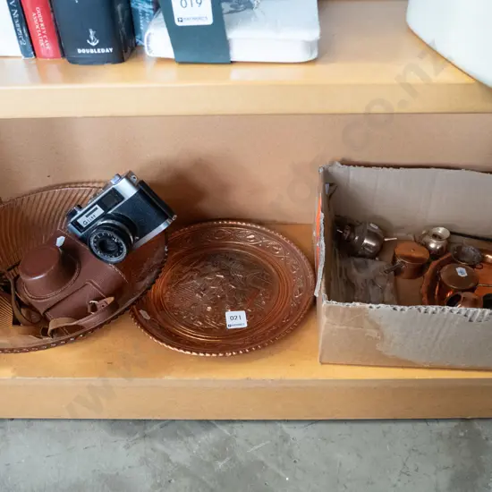 shelf - glass bowl, 35mm camera, various copper items