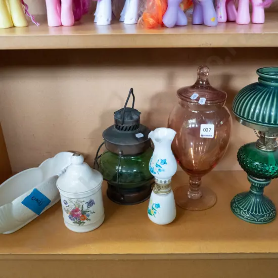 Crown Lynn vase with crack, kerosene lanterns, footed glasss urn