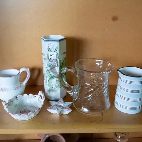 shelf jug, vases etc,