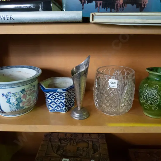 shelf of garden planters, cut glass bowl, vases