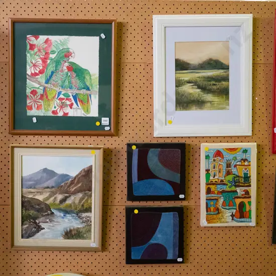 6 various artworks - prints, oils, needleworks