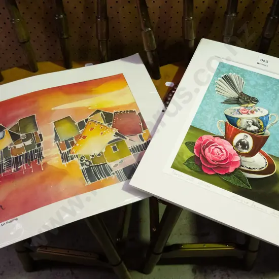 unframed batik painting and NZ themed print