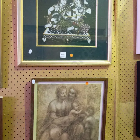 framed Indonesian screen print on fabric and framed renaissance style print - orange dots