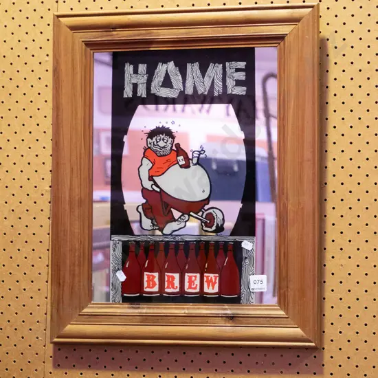 home brew print on wood-framed mirror