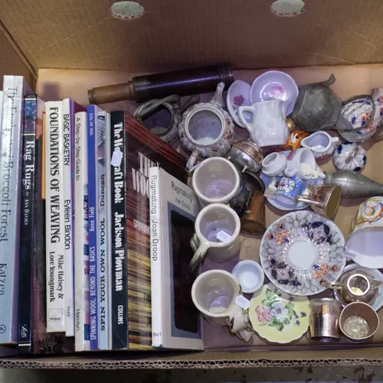 box of books, studio pottery coffee cups, copper miniatures, etc.