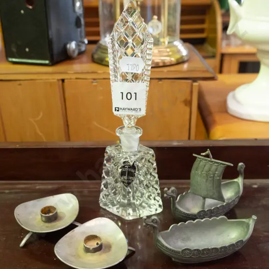 deco perfume bottle, 2 small candlesticks, 2 pewter viking boats