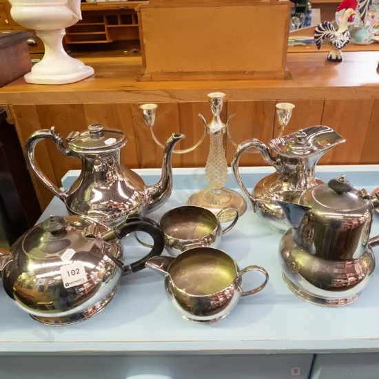 plated ware teapot, cream & sugar, candelabra