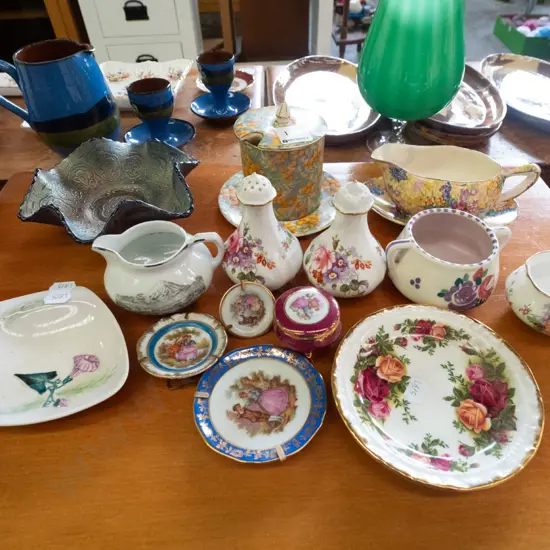 carnival glass bowl, Empire honey pot, Royal Winton gravy boat, pin dishes, etc.