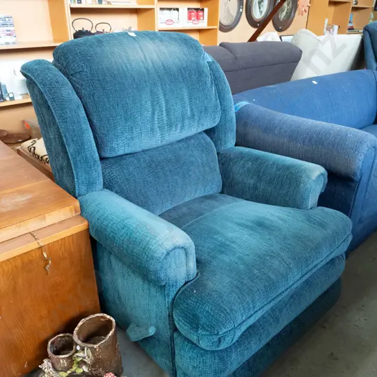 blue upholstered La-Z-Boy style recliner - staining to fabric