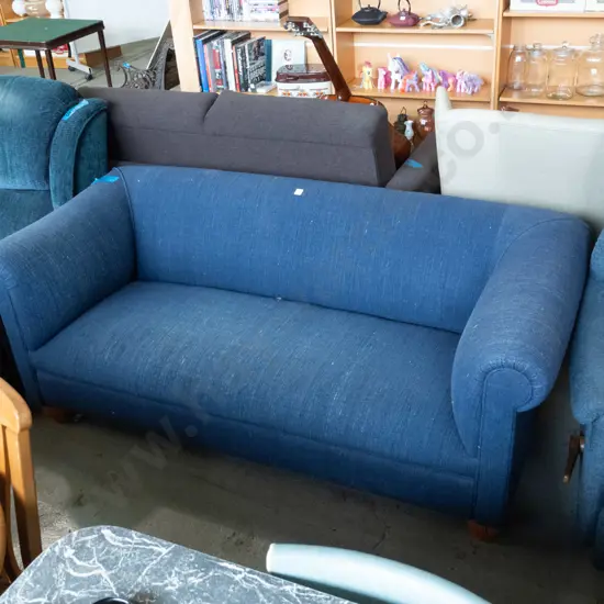 blue upholstered chesterfield 3-seater settee - wear to fabric